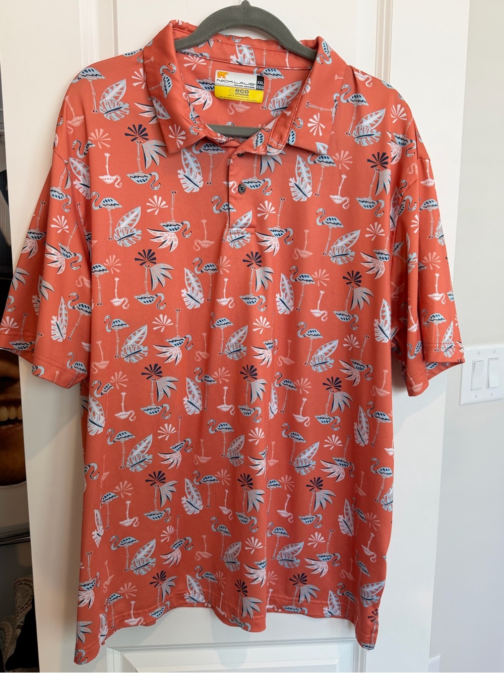 Nicklaus Eco Choice Golf Polo Shirt Mens XXL Orange & Blue Flamingo Print Beach